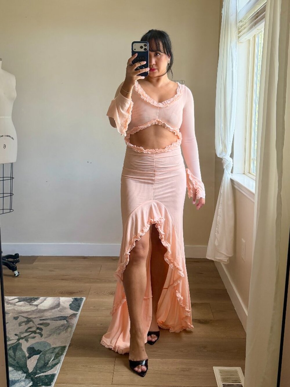 White Fox It Takes Time Mesh Maxi Dress Pink | Cutout Ruffle Gown | Size M | NWT